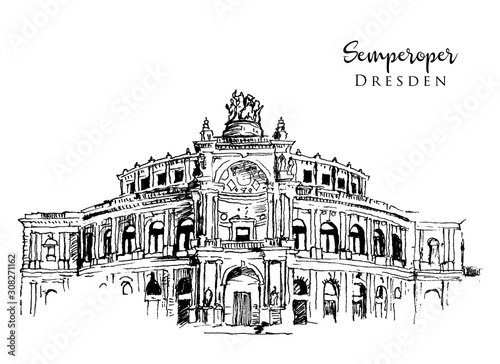 Drawing sketch illustration of Semperoper Dresden