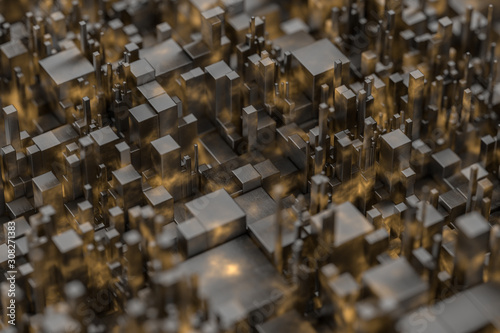 Randomly distributed cubes, Industrial background, 3d rendering.