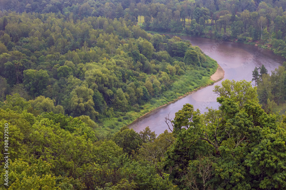 Aerial view on the river Gauja and National park Gauja with pine forest  from the main big tower of medieval Turaida Castle in cloudy, foggy and rainy day, Sigulda, Latvia. Soft focus