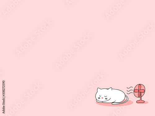 cute white cat is sleeping with fan on pick background in summer
