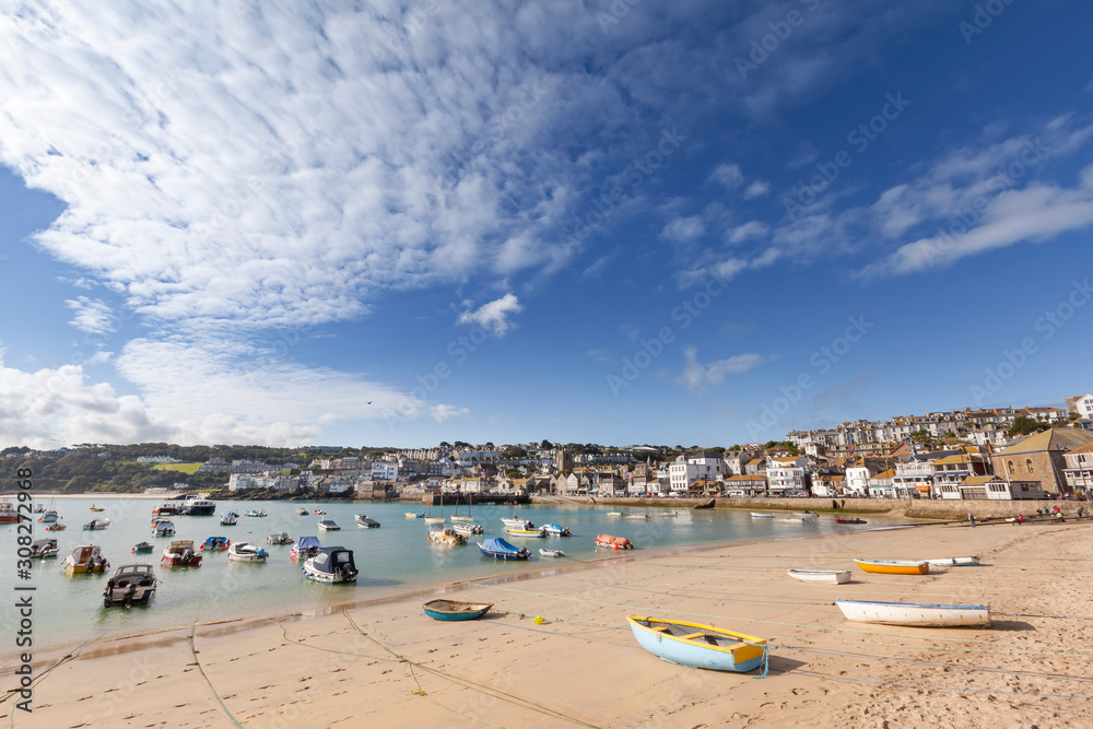 Wide view of Boats Moored at St Ives Harbour in Cornwall, England, UK.