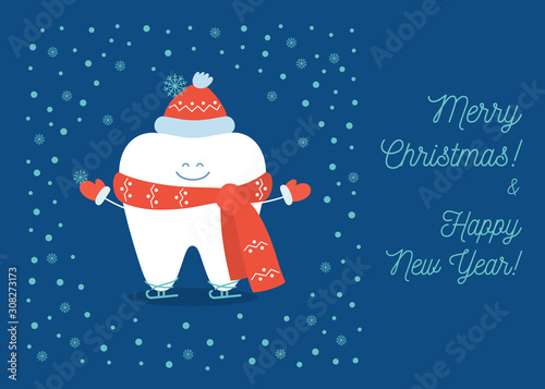 Tooth is wearing in a red hat, scarf, gloves and skates, illustration of winter fun. Christmas greeting card from a dentistry.