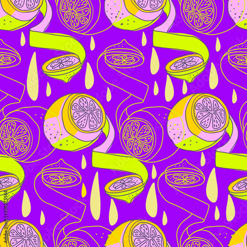 Modern seamless stylized design with citrus in pop-art style. Can be used for printing on paper, packaging, decorations, cards, textiles. © Tatiana Lapteva