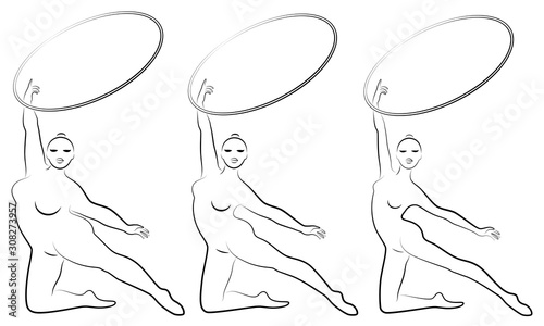Collection. Silhouette of a cute lady, she is engaged in rhythmic gymnastics with a hoop. The woman is overweight and a slender girl athlete. Vector illustration set.