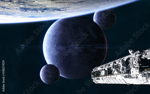 Fototapeta Naklejka Na Ścianę i Meble -  Planets and satellites in deep space, space station in orbit of exoplanet. Science fiction. Elements of this image furnished by NASA