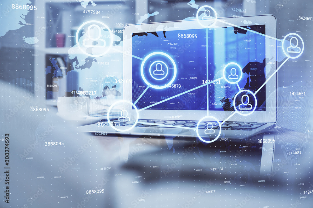 Naklejka premium Computer on desktop with social network theme icon. Multi exposure. Concept of international connections.