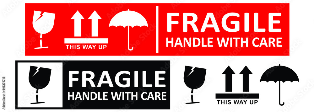 fragile handle with care sticker or label collection - obrazy, fototapety, plakaty 