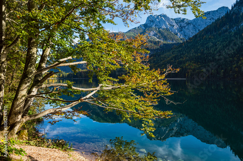 Fototapeta Naklejka Na Ścianę i Meble -  Peaceful autumn Alps mountain lake with clear transparent water and reflections. Langbathseen lake, Upper Austria.