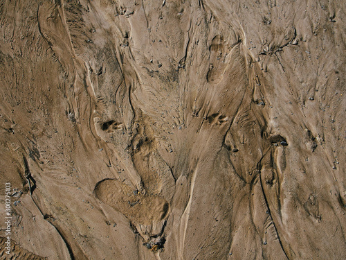 Wet sand texture with dog paw traces  foot prints on it  traces of water. Sand background