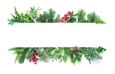 Flat lay composition with winter fir branches, cones, holly isolated on white background