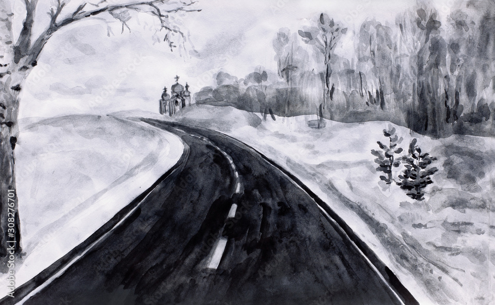 Black white landscape. Asphalt road leading to the church. Ink drawing Black white landscape. Asphalt road leading to the church. Ink drawing
