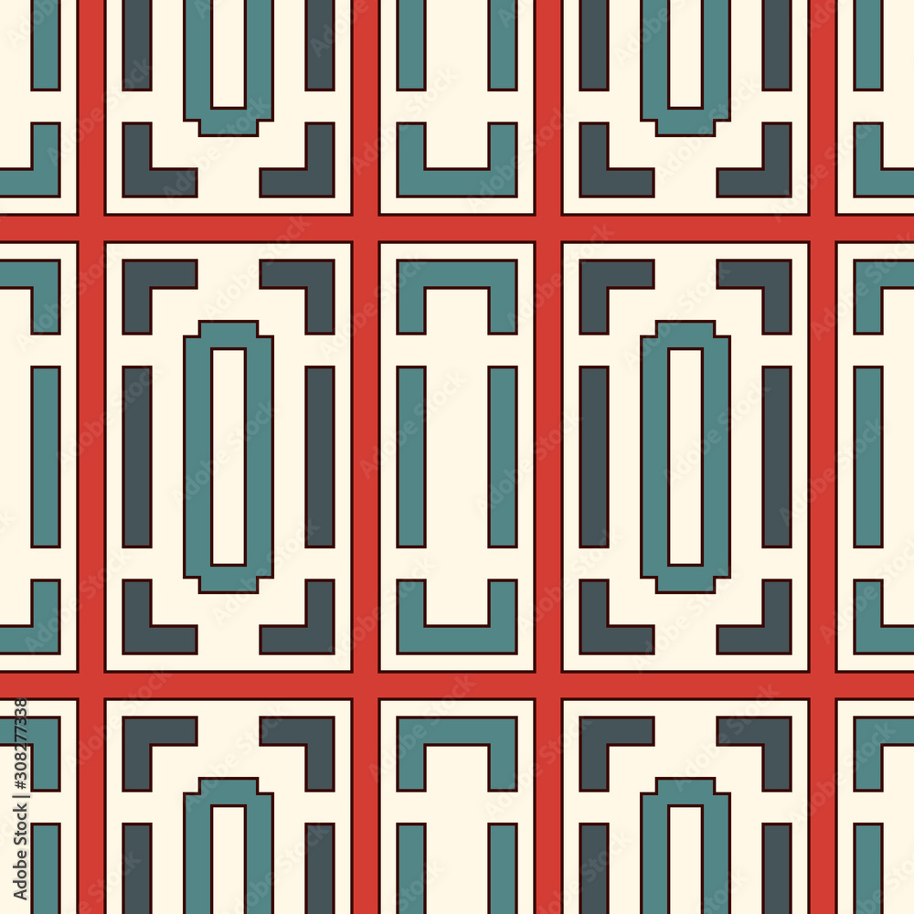 Blue and red color repeated squares and brackets on white background. Seamless pattern with simple geometric ornament. Blue and red color repeated squares and brackets on white background. Seamless pattern with simple geometric ornament.