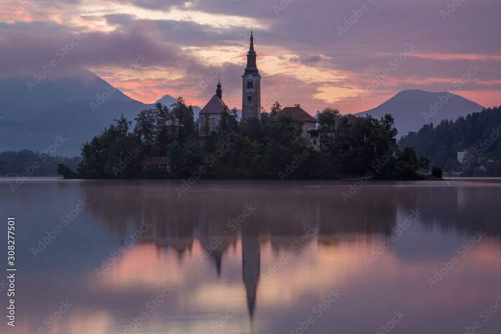Bled Lake island and church at sunrise