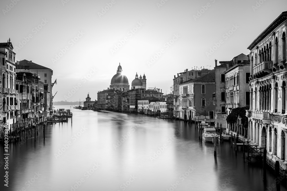 Still view of the Grand Canal in black and white