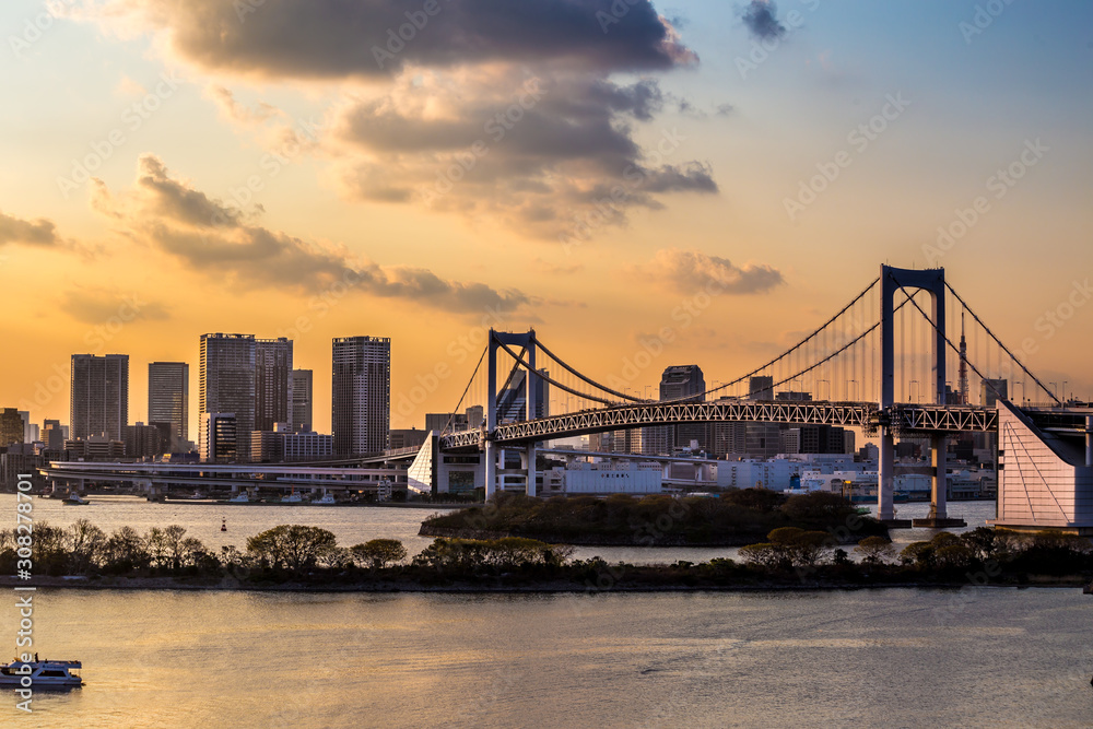 Rainbow Bridge in Odaiba Tokyo at sunset
