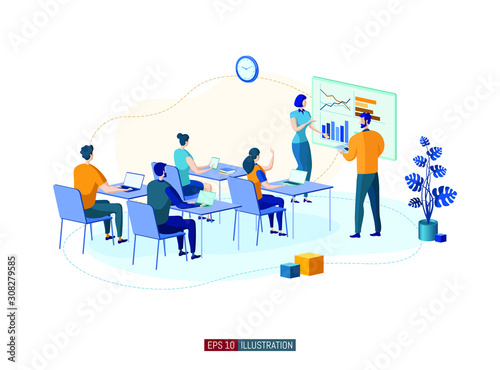Trendy flat illustration. Business brief, presentation or training. Teamwork metaphor. Education. Learning. Knowledge. Template for your design works. Vector graphics.
