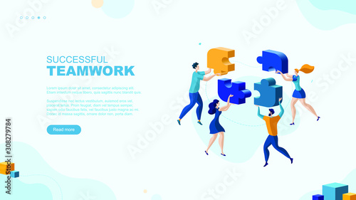 Trendy flat illustration. People make puzzles. Teamwork metaphor page concept. Cooperation of people who implement the joint idea.  Template for your design works. Vector graphics.