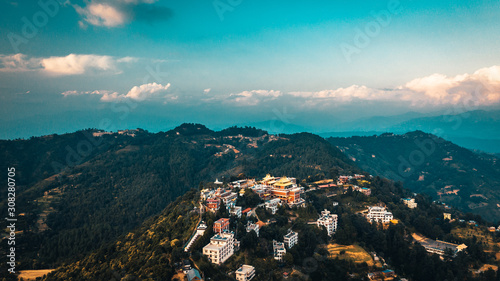 Ancient buddhist monastery in Himalayas Nepal from air