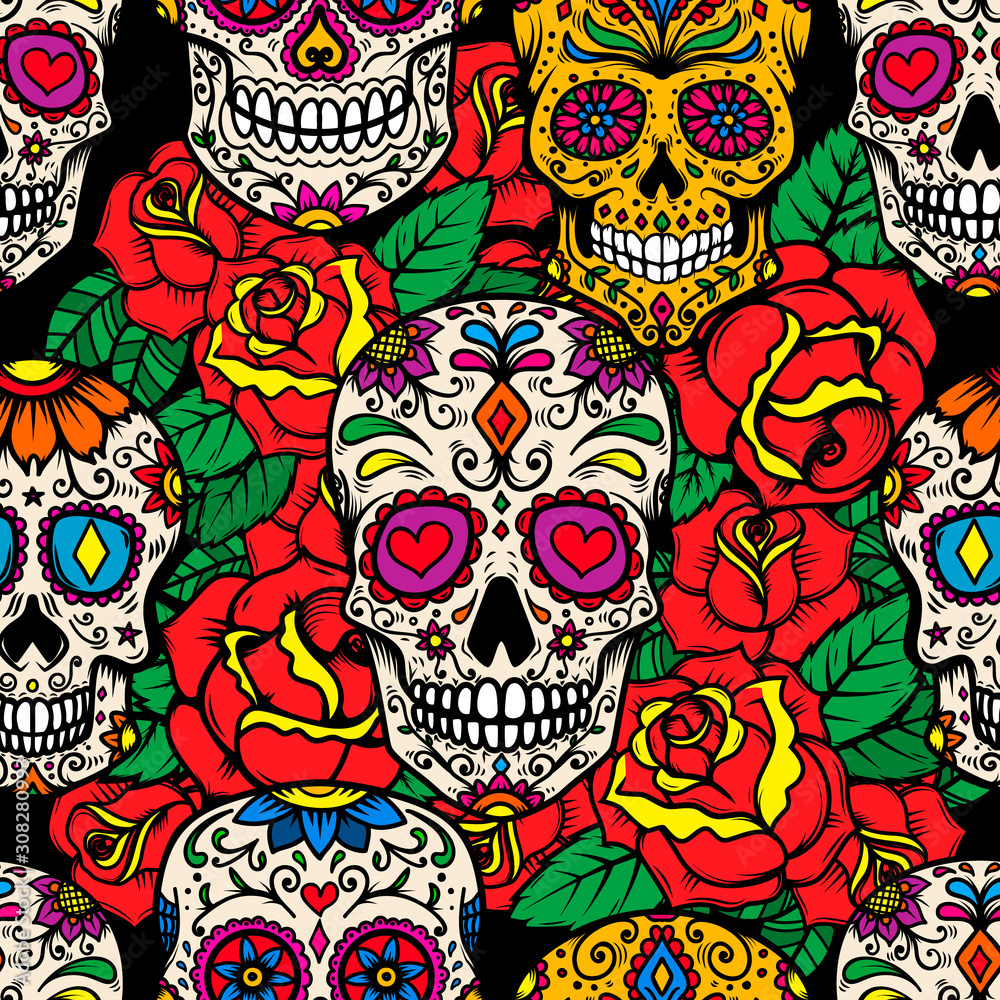 Seamless pattern with mexican sugar skulls and roses. Design element for poster, card, banner, clothes decoration. Vector illustration Seamless pattern with mexican sugar skulls and roses. Design element for poster, card, banner, clothes decoration. Vector illustration