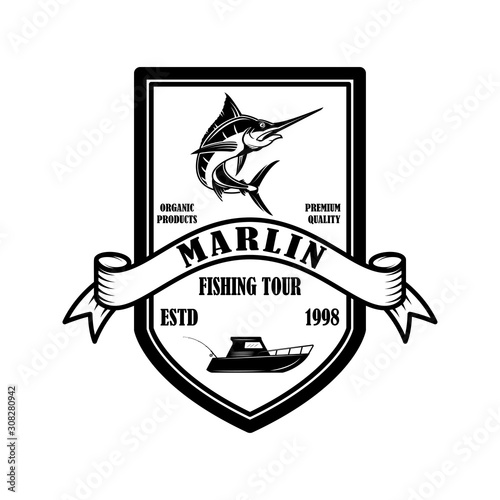 Marlin. Fishing trip. Emblem template with marlin. Design element for logo, label, sign, poster. Vector illustration