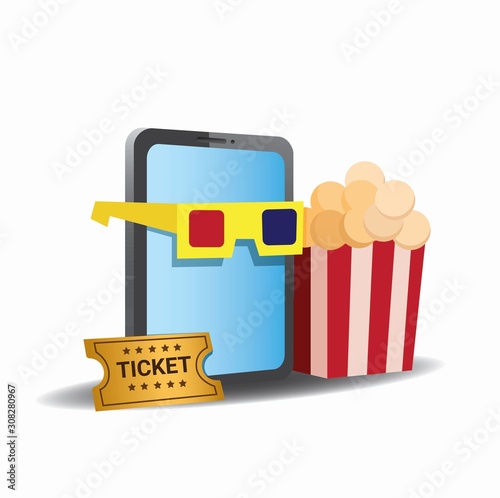 watch movie with smartphone, buy ticket cinema online via mobile app illustration vector
