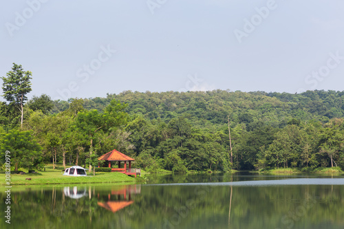 Camping tent by a lake Jedkod-Pongkonsao Natural Study in Saraburi Province Thailand