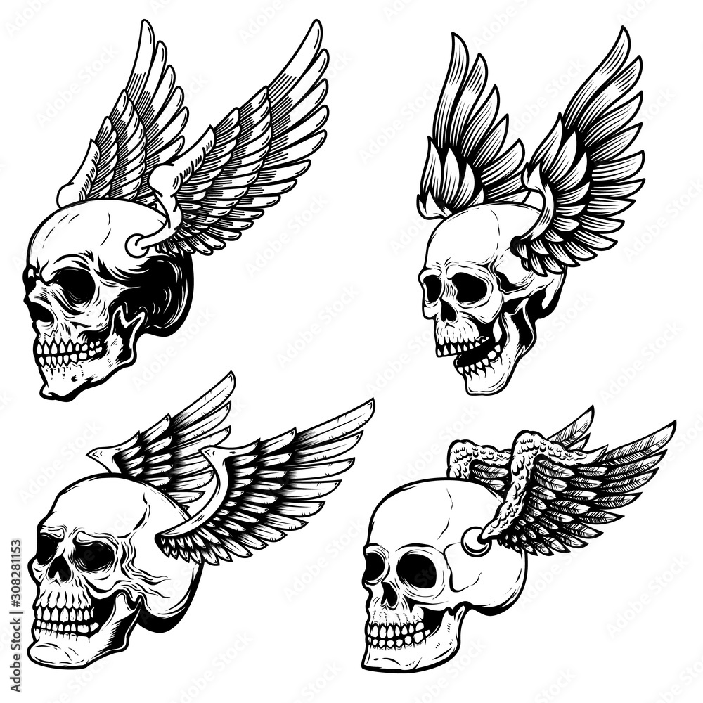 Set of winged human skull isolated on white. Design element for logo, label, emblem, sign. Vector illustration Set of winged human skull isolated on white. Design element for logo, label, emblem, sign. Vector illustration
