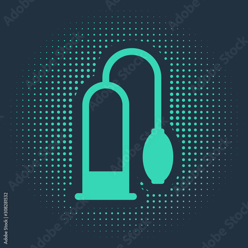 Green Penis pump icon isolated on blue background. Penis enlarger. Sex toy for men. Vacuum pump with a blower to increase the penis. Abstract circle random dots. Vector Illustration