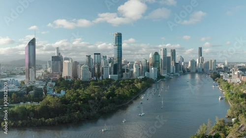 A drone shot of Brisbane city at sunset from Kangaroo Point. Brisbane, Australia. photo