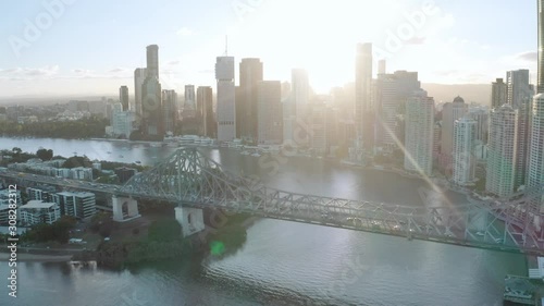 A drone shot of Brisbane's famous Story Bridge at sunset from Kangaroo Point. Brisbane, Australia. photo