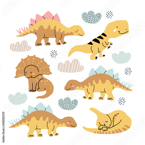 Cute dinosaurs doodles set isolated on white