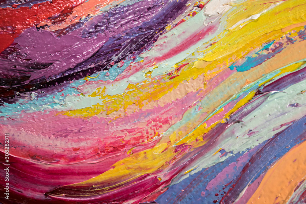 Fragment. Multicolored texture painting. Abstract art background. oil on canvas. Rough brushstrokes of paint. Closeup of a painting by oil and palette knife. Highly-textured, high quality details.