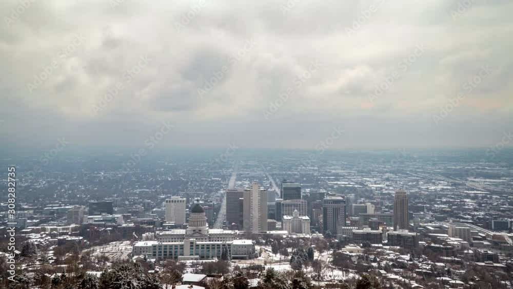 Timelapse overlooking Salt Lake City on cloudy day looking towards downtown from Ensign Peak. Timelapse overlooking Salt Lake City on cloudy day looking towards downtown from Ensign Peak.