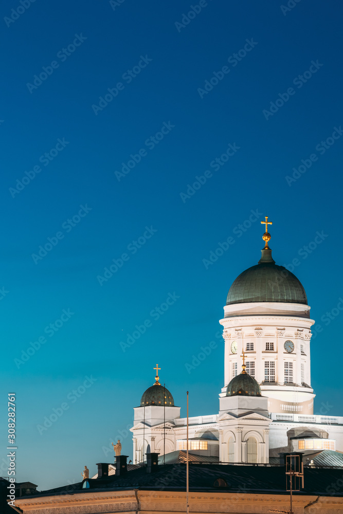 Helsinki, Finland. Senate Square With Lutheran Cathedral And Monument To Russian Emperor Alexander II At Summer Night