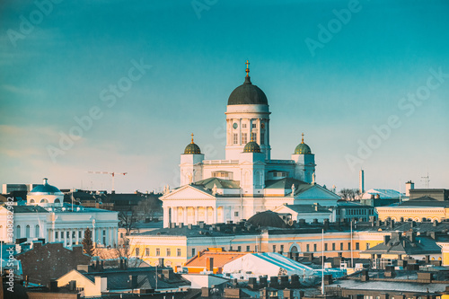 Helsinki, Finland. Aerial View Street Of Helsinki Cathedral In Winter Day. View From Height.