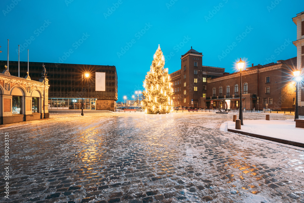 Riga, Latvia. Winter Night View Of Christmas Tree At Evening In Night Illuminations Lights. New Year Holiday Evening