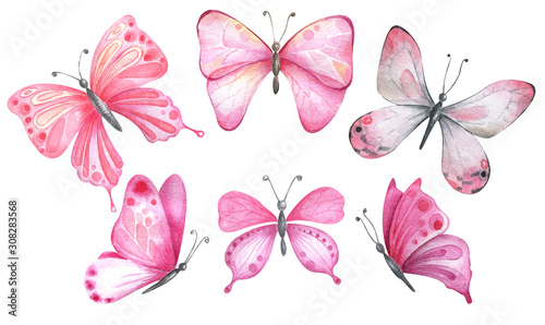 Watercolor butterflies in pink colors. © Vilena