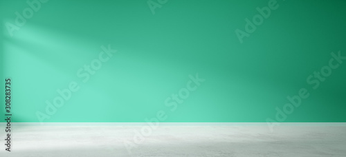 Empty room with blank green wall with shadow from window and grey concrete floor - presentation or gallery architecture background element