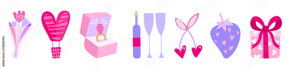 Set of vector flat valentine's day illustrations. Background for greeting cards, packaging, design for a holiday, wedding, engagement. Hearts and symbols of love in pink colors. Set of vector flat valentine's day illustrations. Background for greeting cards, packaging, design for a holiday, wedding, engagement. Hearts and symbols of love in pink colors.