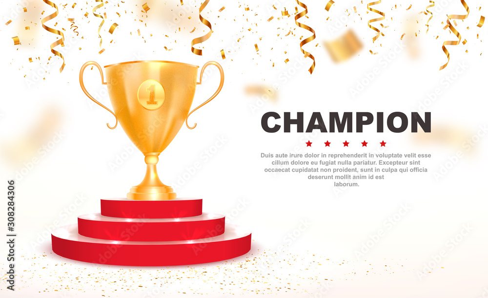 3d golden trophy cup on red podium vector illustration. First place win template with falling down confetti on white background - obrazy, fototapety, plakaty 