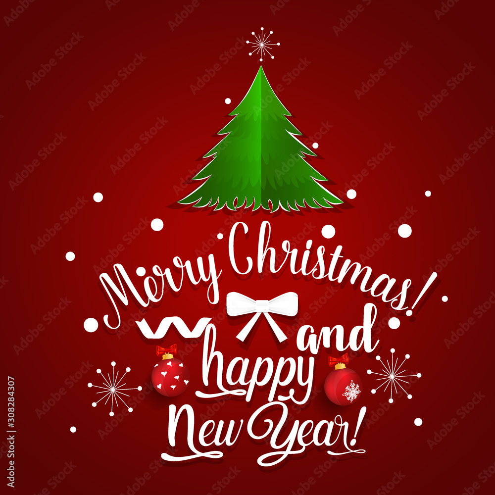 Christmas Greeting Card. Merry Christmas lettering with Christmas tree, vector illustration