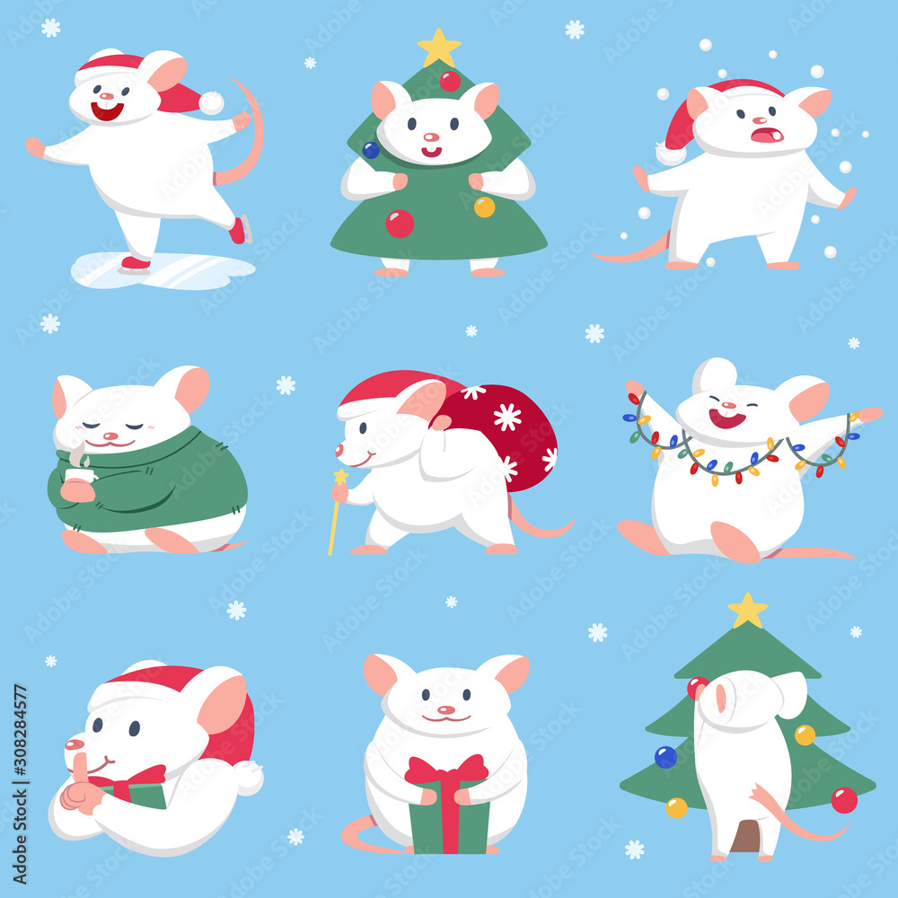 Year of the rat 2020. A collection of New Year's happy white rat, celebrates. On blue background. Cartoon character, cute mouse. The animal of the Chinese zodiac Year of the rat 2020. A collection of New Year's happy white rat, celebrates. On blue background. Cartoon character, cute mouse. The animal of the Chinese zodiac