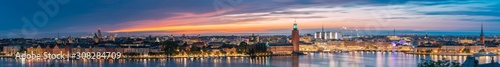 Stockholm, Sweden. Night Skyline With Famous Landmarks. Panorama, Panoramic View Of Stockholm Cityscape. Famous Landmarks, UNESCO World Heritage Site