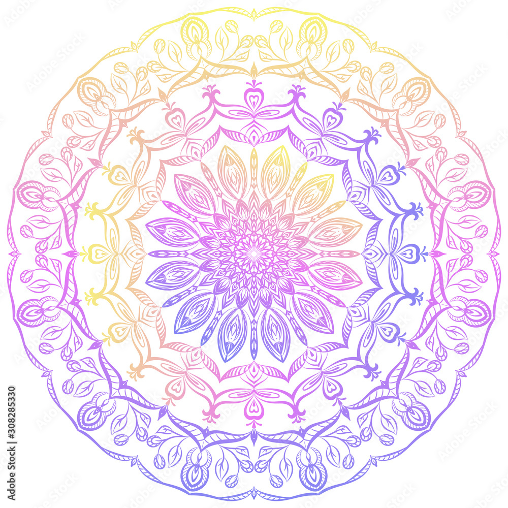Mandala. Round gradient pattern in blue, yellow and pink on a white background. Vector pattern for tattoos, henna pattern. Psychedelic ethnic ornament. 