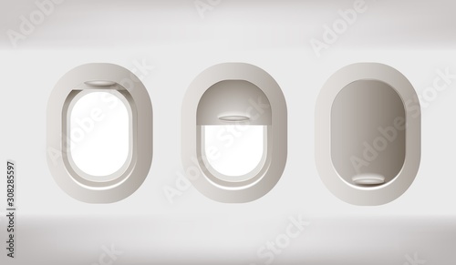 Set of vector realistic aircraft windows with curtains in different positions.