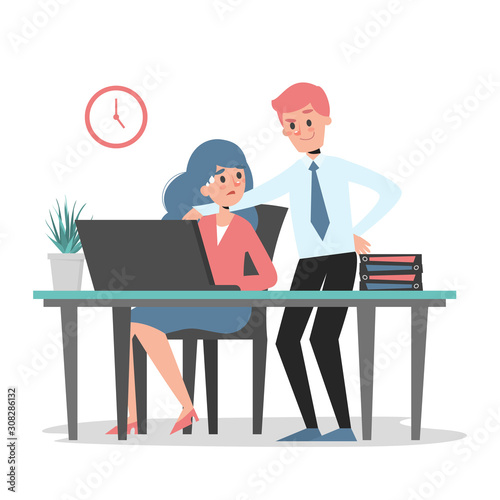 Sexual harassment at work vector isolated. Man touch woman
