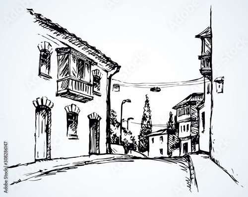 Narrow street of the old city. Vector drawing