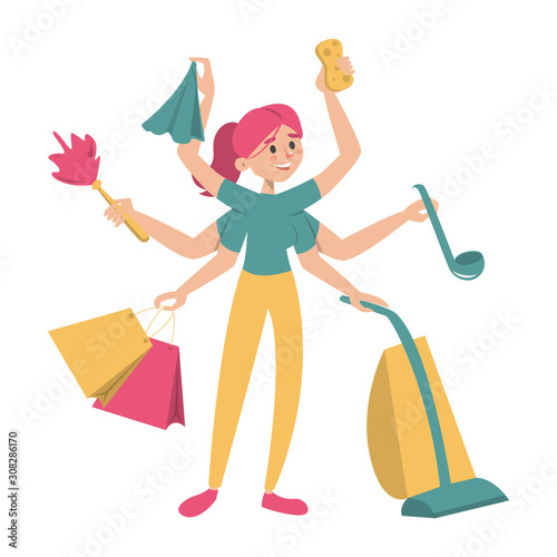 Multitasking housewife with many hands vector isolated