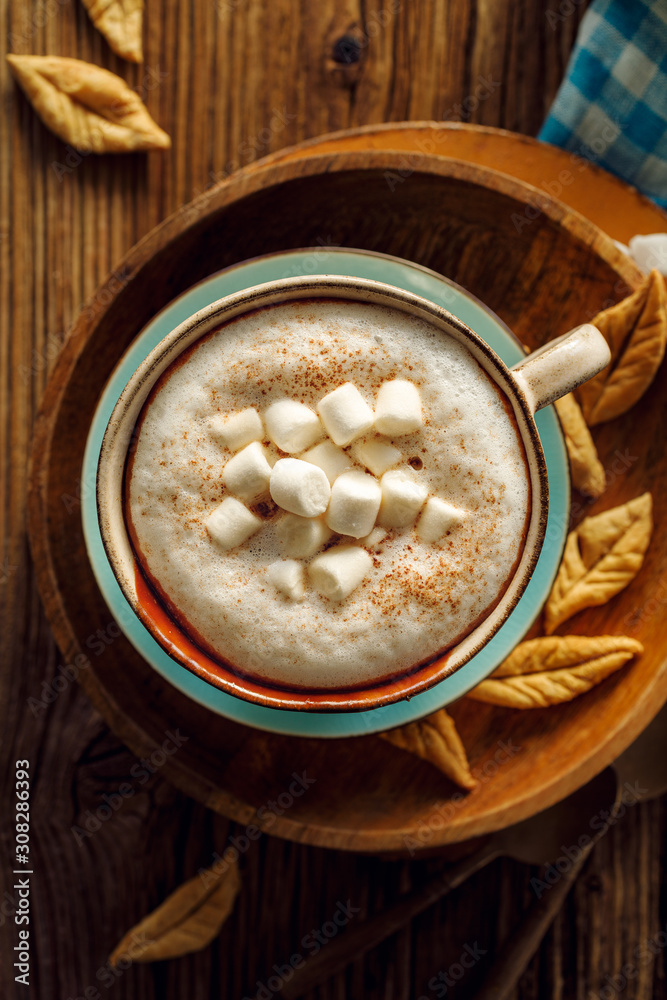 Hot chocolate with marshmallows and cinnamon in a ceramic mug on the wooden table, top view. A delicious hot drink Hot chocolate with marshmallows and cinnamon in a ceramic mug on the wooden table, top view. A delicious hot drink