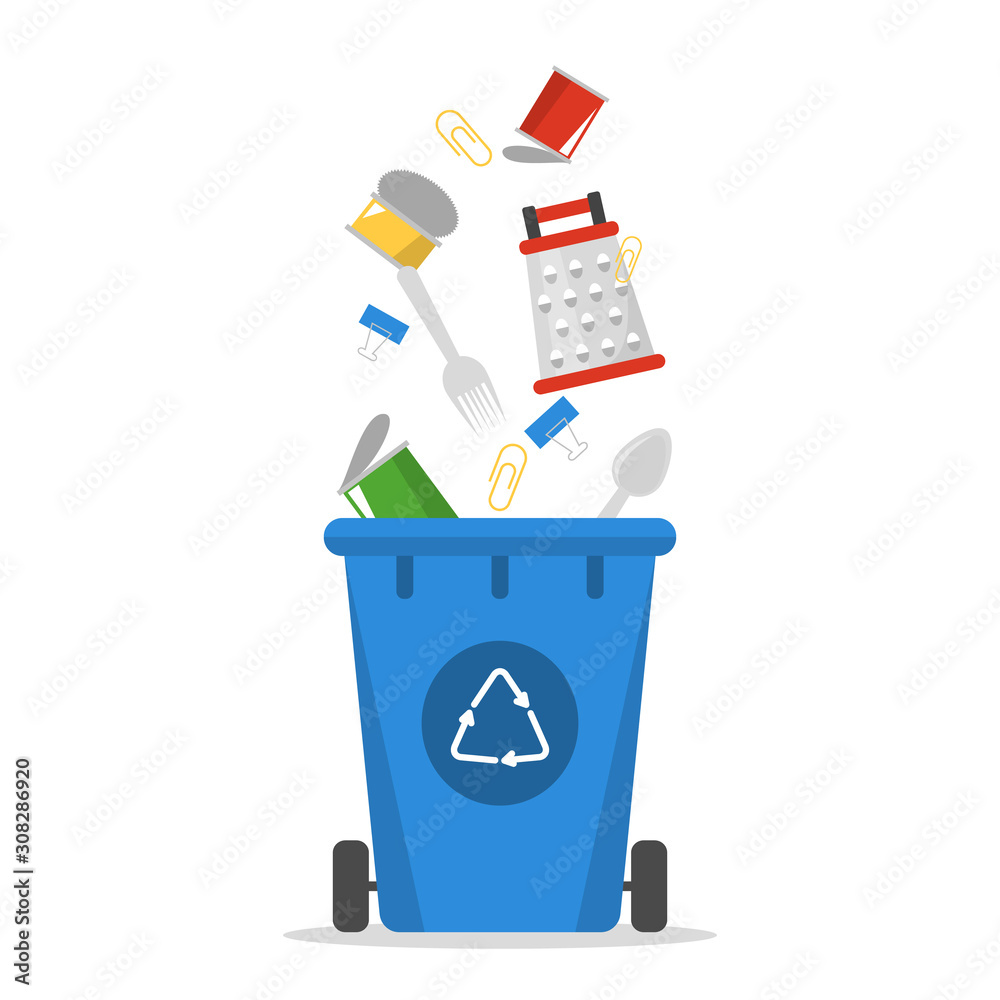 Metal garbage falling in the trash bin vector isolated. Waste Metal garbage falling in the trash bin vector isolated. Waste